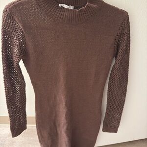 Brown Knit Sweater dress with Lace Sleeves